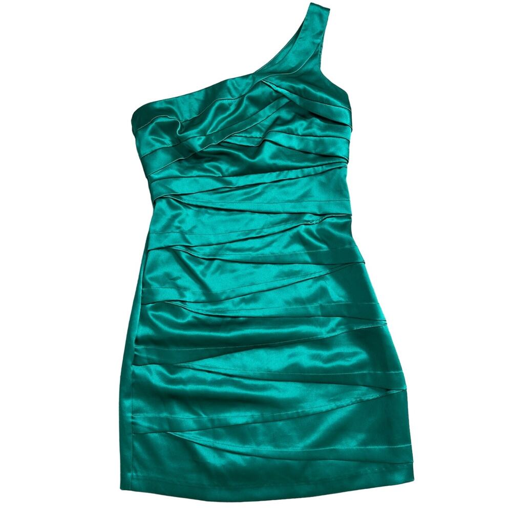 A. Byer Sz 5 S Green Satin Stretchy Cocktail Mini Dress Assymetric One Shoulder